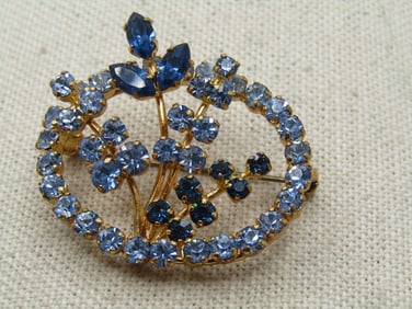 Vintage Blue Rhinestone Floral Brooch, 1960's