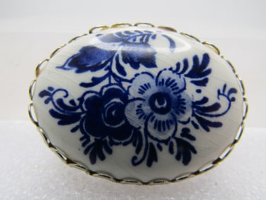 Vintage Blue Floral Brooch, Delft Cameo Style, 1960's