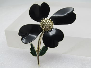 Vintage Black Enameled Floral Stem Brooch, Sarah Coventry, 1960's-1970's