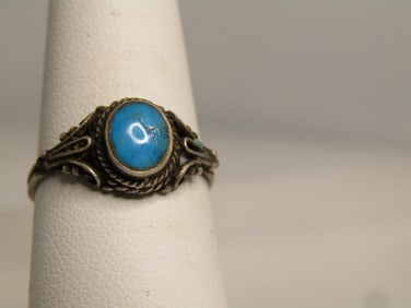 Vintage Sterling Turquoise Bali Ring, Sz. 7.5, 1970's