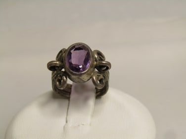 Vintage Sterling Purple stone Ring, Sz. 1.5., Triple Band, 1970's-1990's
