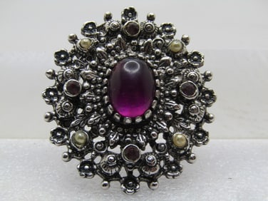 Vintage Faux Amethyst & Pearl Brooch/Pendant, 1960's-1970's, Sarah Cov.