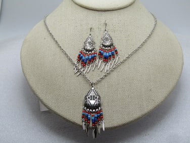 Vintage Southwestern Dangle Necklace & Earrings, 18"-20", Pierced, 1990's