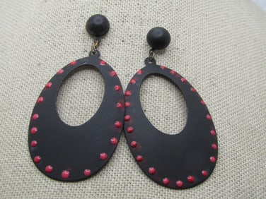 Vintage Black Enameled Stud & Drop Hoop Earrings, Pierced, 1960's-1970's