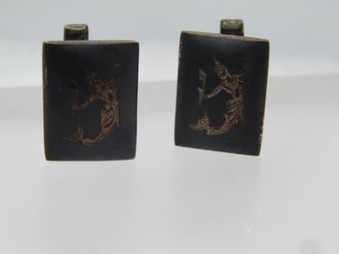 Vintage Enameled Siam Goddess Cufflinks, Mid-Century, Signed, 1940's-1950's