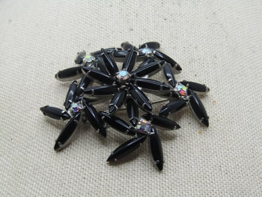 Vintage Black & Clear Domed Blossom Brooch,  1950's-1960's, Aurora Borealis, 2.5"