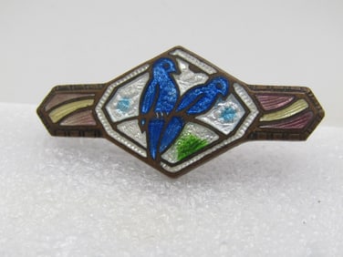 Vintage Guilloche Blue Lovebirds Brooch, 1920's