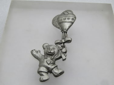 Vintage Pewter Teddy Bear & Balloons Brooch, Signed SP 4202, 1980's-1990's.