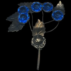 Vintage Sterling Silver Arts & Crafts Sapphire Blue Floral Stone Brooch