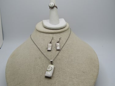 Vintage Swirled Glass Necklace, Earrings, Ring Set, 19", Sz. 5.5, Pierced