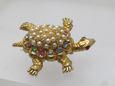 Vintage Rhinestone & Faux Pearl Turtle Brooch, 1960's