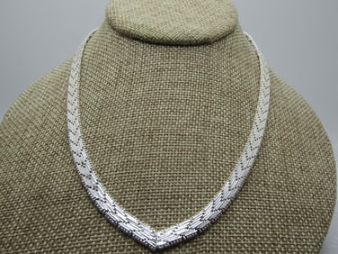 Sterling Silver Woven Sterling Necklace, V-Front, 17.5", 1990's, Signed