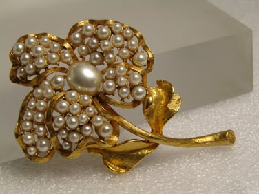 Vintage Faux Pearl Cluster Leaf Brooch, Ann Klein, 1990's