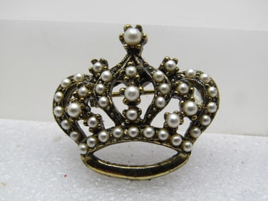 Vintage Faux Pearl Crown Brooch, 1960's-1970's