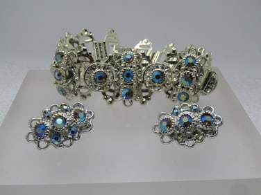 Vintage Aurora Borealis Rhinestone Bracelet & Clip Earrings, 1960's-1970's
