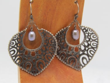 Vintage Sterling Fligree Tahitian Earrings, Pierced, 2", 1980's-1990's