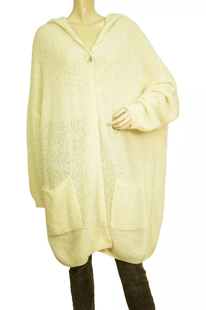 Crossley Ivory 100% Wool Knit Long One Button Cardigan Hooded Jacket size L (1 of 7)