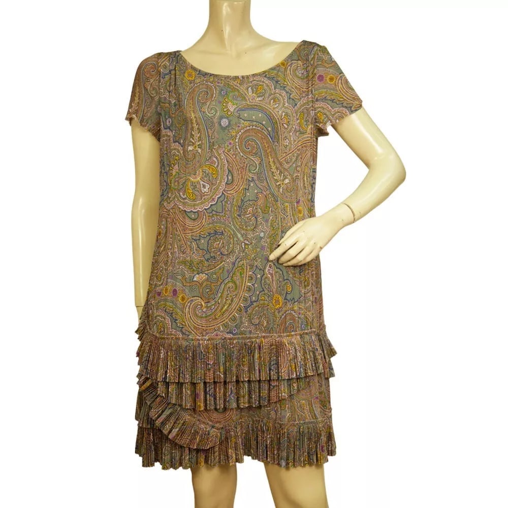 ETRO Multicolor Paisley Print Short Sleeve Ruffled Mini Pleats Mini Dress 40: ETRO Multicolor Paisley Print Short Sleeve Ruffled Mini Pleats Mini Dress 40 This magnificent dress by ETRO has the perfect out of the ordinary and extremely impressive style!! It is a mini length dre