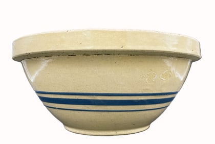 ANTIQUE YELLOW WARE STONEWARE BOWL COBALT BLUE STRIPES 11"