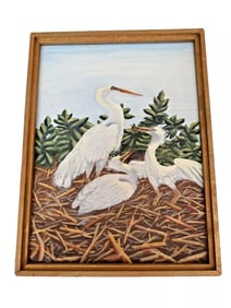 Vtg Orig. Oil On Board Egret Bird Mother and babies nest Framed Painting 9x12