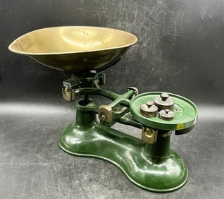 Old Victor England Kitchen Scale With Brass Baskey & Weights