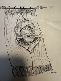 19thC Antique Signed pen & ink Sketch Drawing, Genie 6x9"