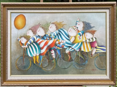 JOYCE J. ROYBAL SIGNED PAINTING OIL ON CANVAS LARGE 36"×24" FRAMED Bicycles
