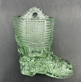 VINTAGE GREEN GLASS BOOT KITCHEN MATCH HOLDER