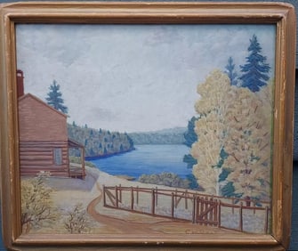Oil painting camp on trout lake Quebec Canada gorgeous colors 10 x 12" 1941