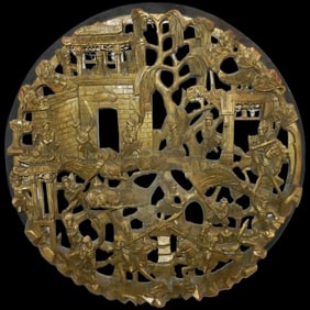 Antique Pair Hand Carved Wooden Temple Medallion Panels with Multi-Layered Scene Depicting Warriors,