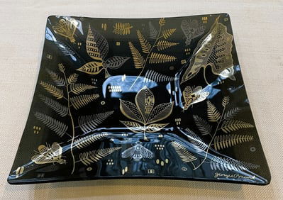 MCM Georges BRIARD Signed Smokey GLASS TRAY DISH w/Gold Silver BEES