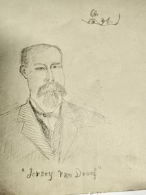 19thC Antique Signed pen & ink Sketch Drawing, folk art portrait 6x9"