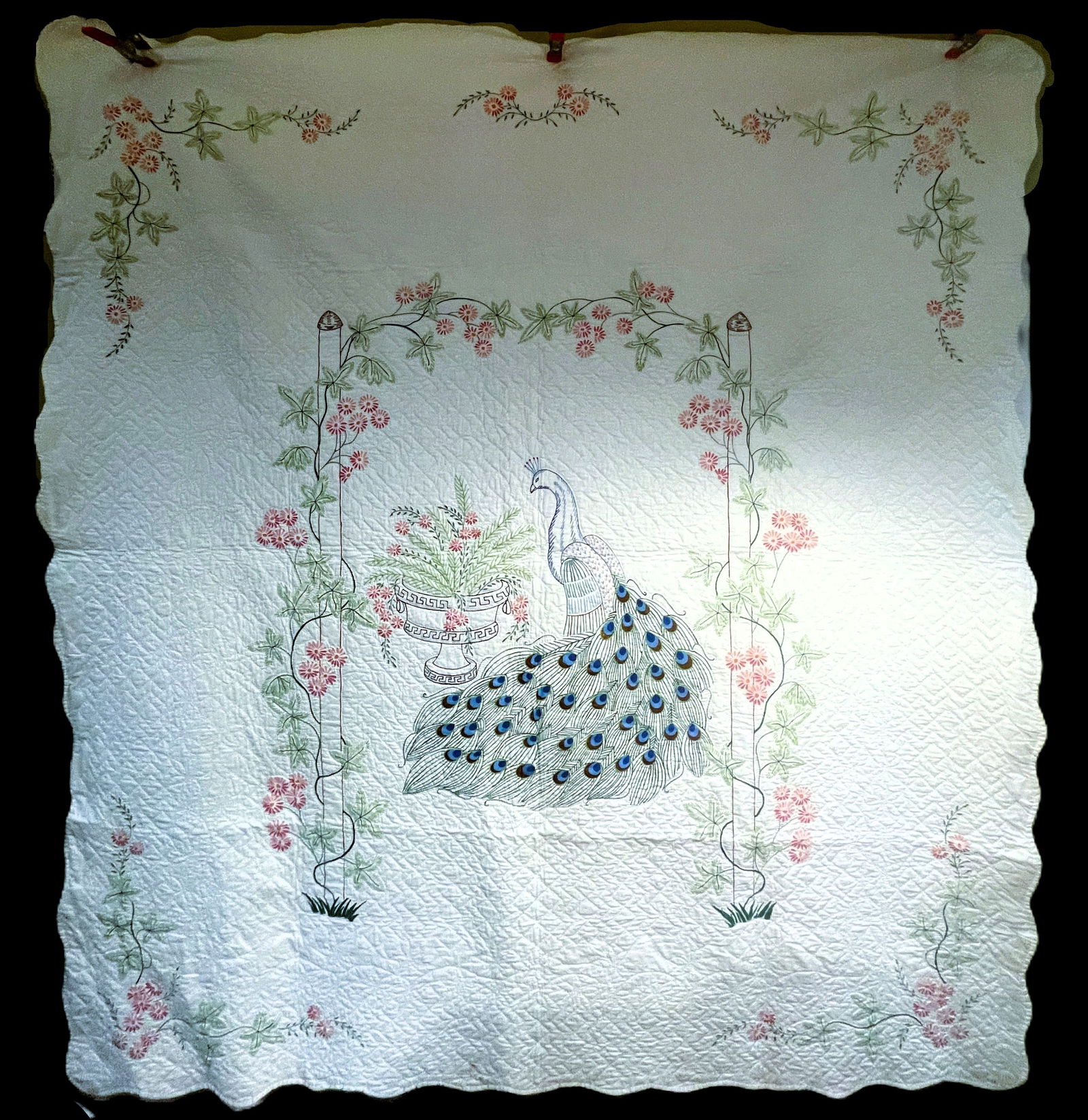 Vintage Art Quilt Fabric Painting Signed & Dated Peacock (1 of 8)