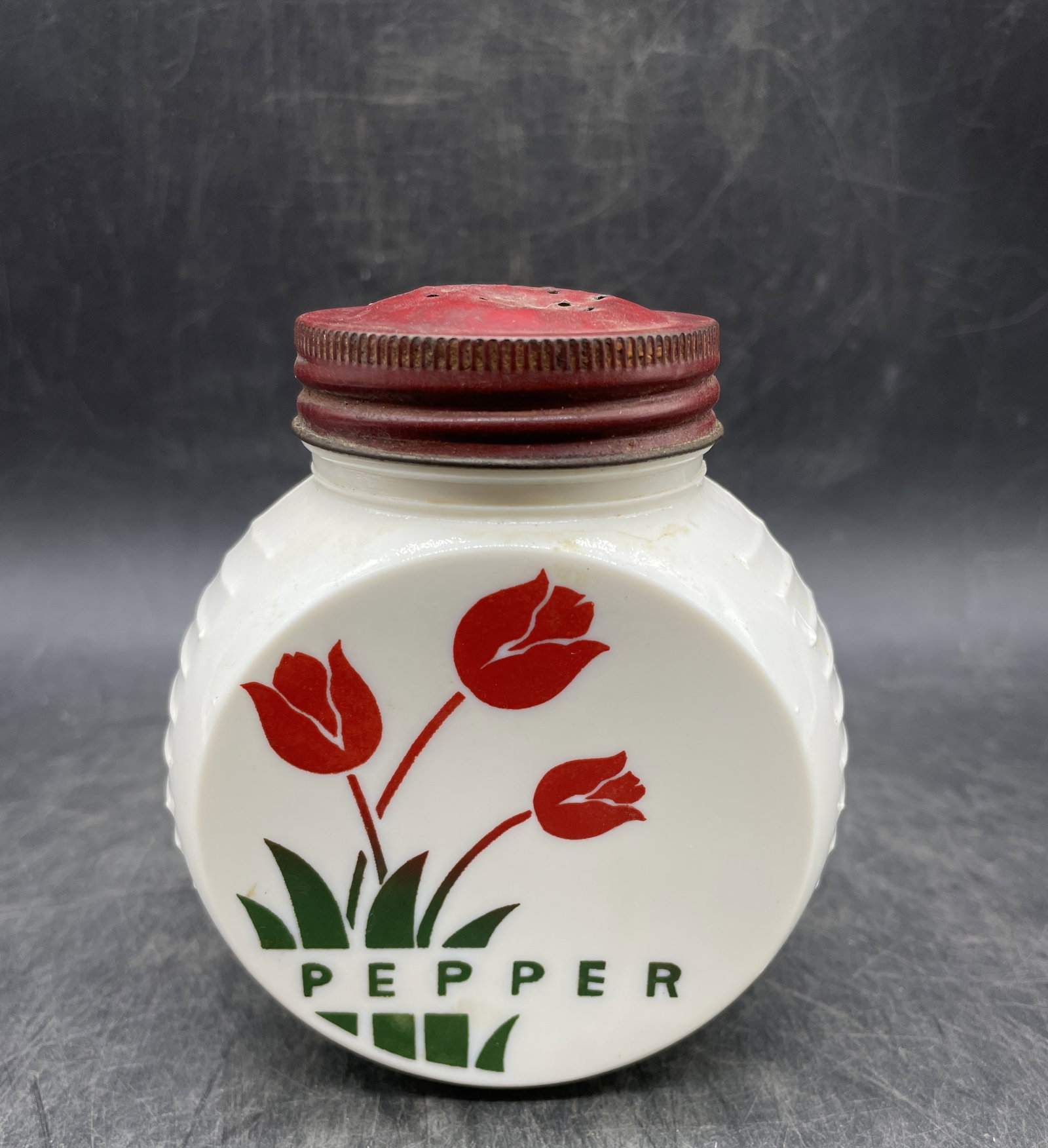 1940s Fire King Vitrock Milk Glass Tulip Pepper Shaker UV Glow (1 of 8)