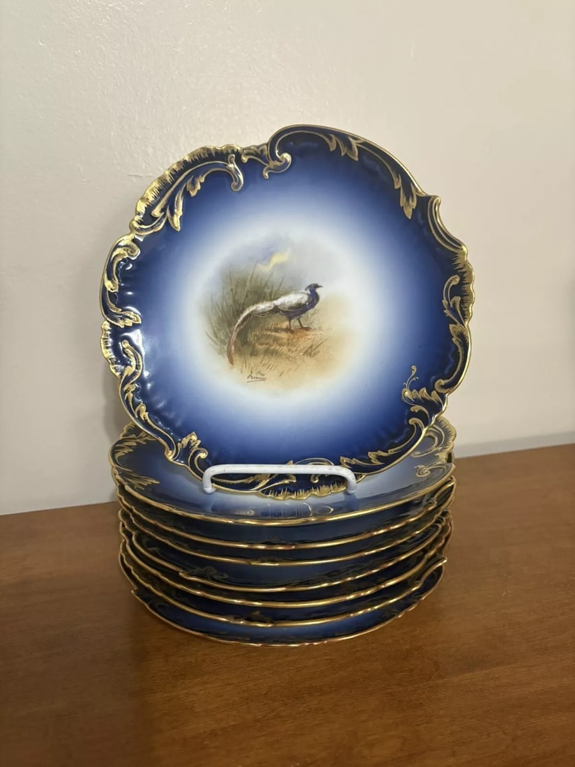 8 Limoges Flow Blue Artist Signed Game Bird Plates (1 of 12)