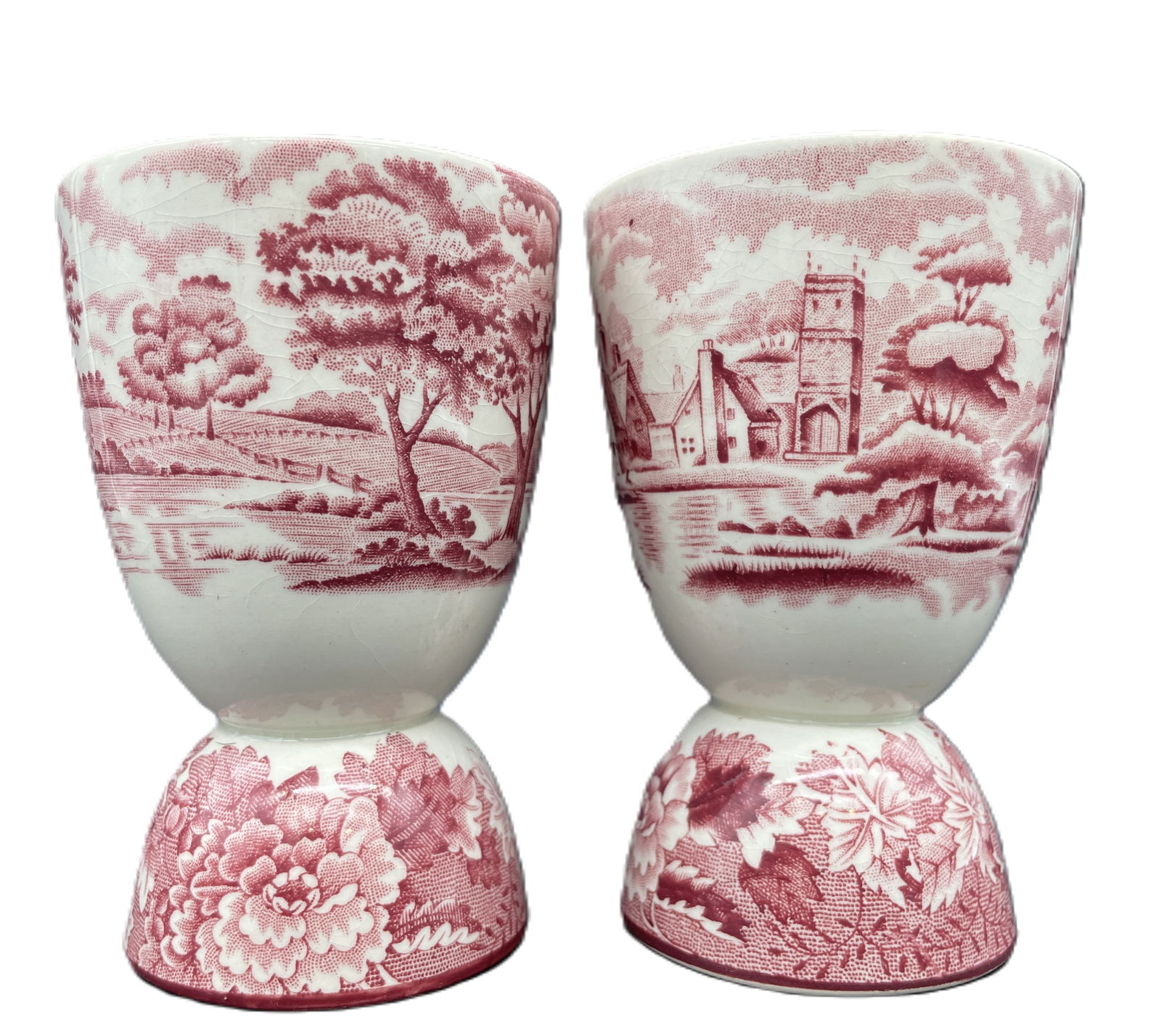 Pair of Vintage Red Transferware Double Egg Cups: Title: Pair of Vintage Red Transferware Double Egg Cups Date/Period: unknown Dimension: 4" tall Material: ceramic Additional Information: Pair of Vintage Red Transferware Double Egg Cups Shipping: Dom