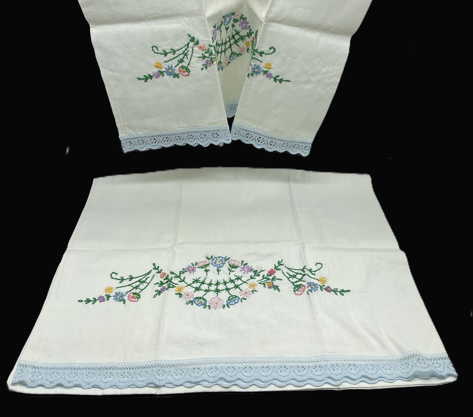 Vintage Pillowcases Handmade Embroidered Flowers Blue Lace edge (1 of 6)