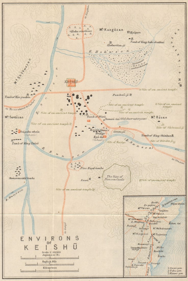 Environs of Keishu'. Gyeongju temples & historic sites, South Korea 1913 map (1 of 1)