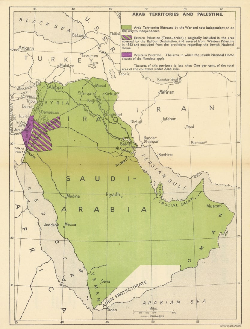 Arab Territories & Palestine. Jewish Homeland/Balfour Declaration 1945 old map: CAPTION PRINTED BELOW PICTURE: 'Arab Territories and Palestine' The map shows in Green ""Arab Territories liberated by the [Second World War] and now independent or on the way to independence"". Diago