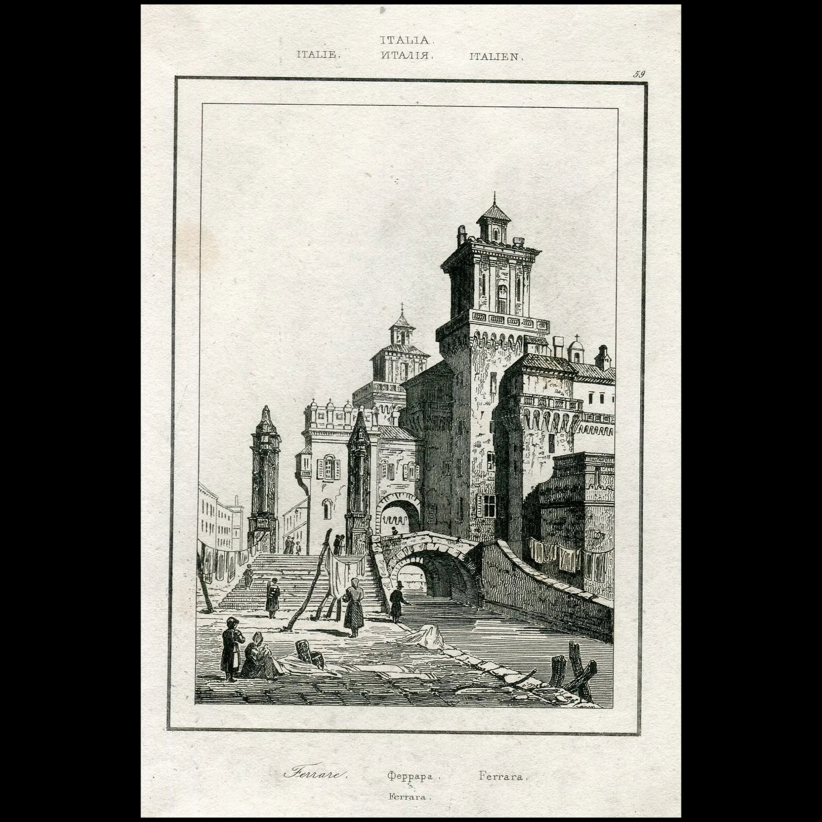 1840. Ferrara, Italy.: Ferrara, Italy. Artist: after Samuel Prout (1783 - 1852). Media: steel engraving. Production date: 1840. Stuck to paper. Siez: 13x18,5 cms. Condition: good. Reserve: $45.00 Shipping: Domestic: Fl
