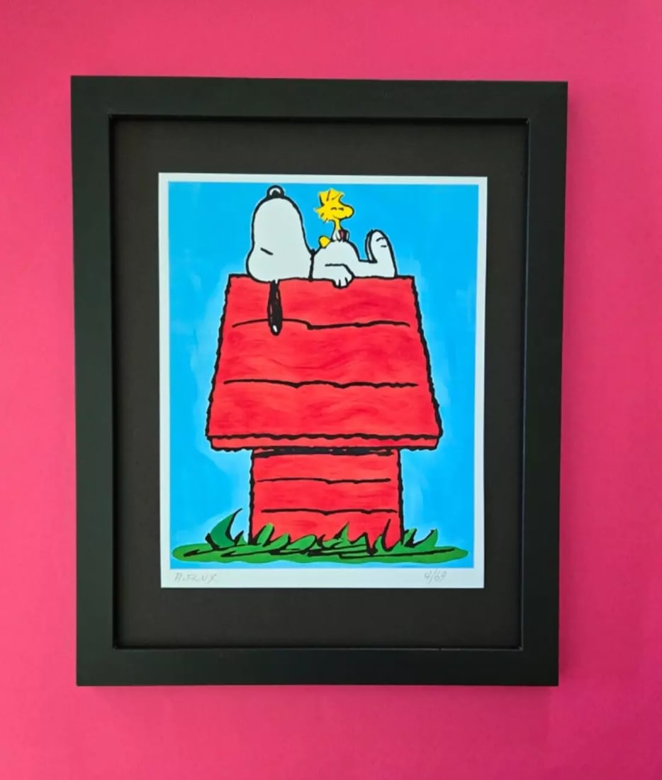 AIDAN FLUX | Hand Signed Original Print Framed LtdED of 69 COA SNOOPY IS HAPPY: This is a Stunning and Scarce 100% Authentic New Print by Aidan Flux AIDAN Flux represents a new wave of artists who embrace technology as a partner in creation, crafting works that resonate with the