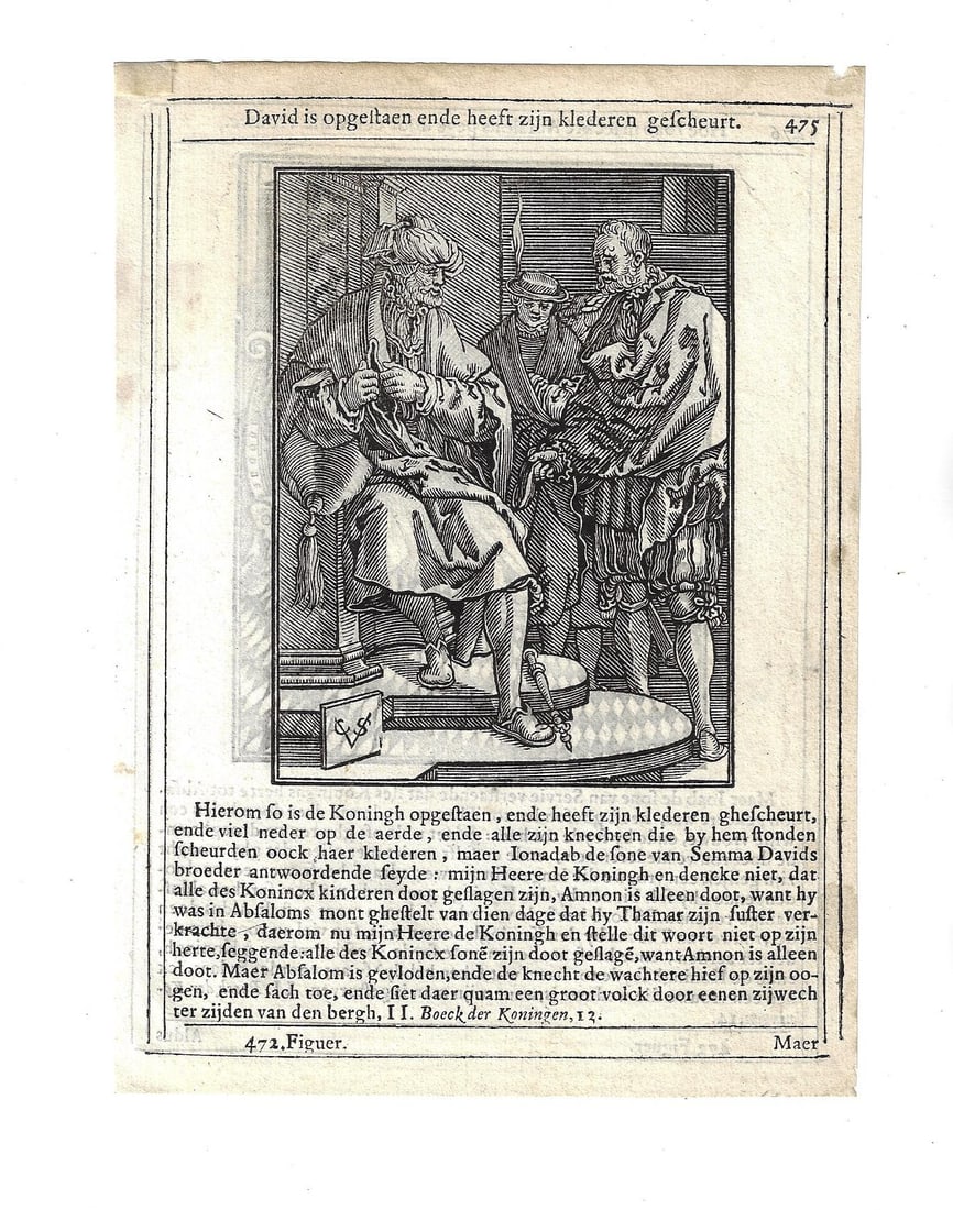 1631 Engraving King David Van Sichem: A leaf with engravings each side of King David and Absalom by Christoph Van Sichem with his initials in each, Fine condition, light disturbance upper corners fom mounting. Measures 5.25 x 7". Reserve: