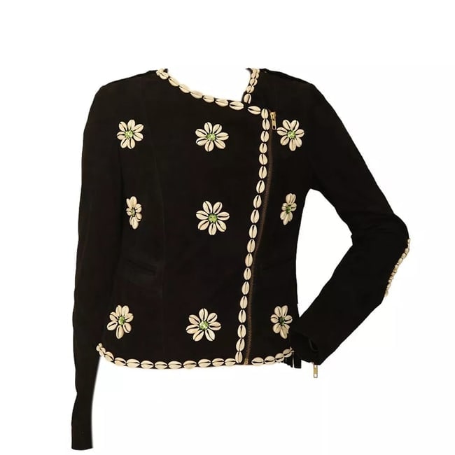 Manoush black suede off center zip jacket embroided with shells crystals size 36 (1 of 1)