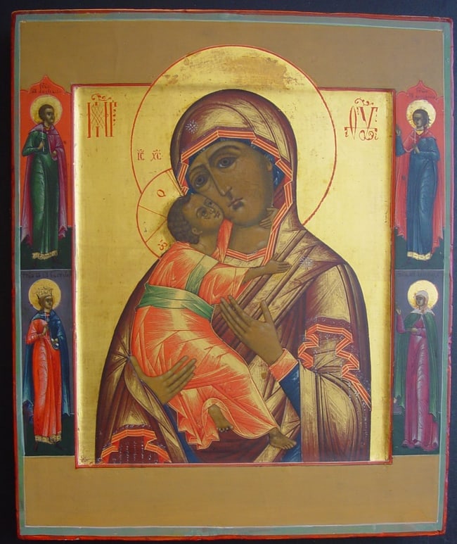 Virgin of Vladimir: Description18th century, Russia, tempera on wooden board,size 36 x 31 cm.According to the ancient traditions, this original icon was painted by St Luke. In Russia this icon is without any doubt the mo