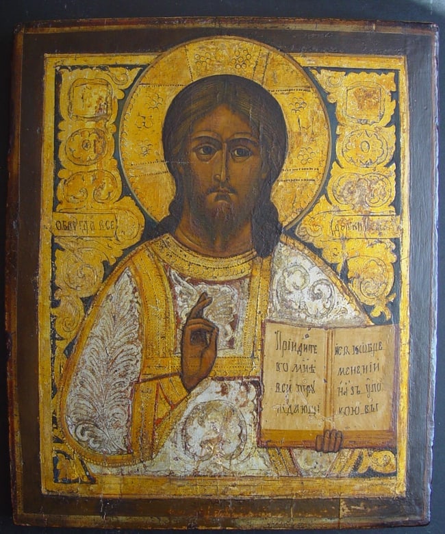 Large Christ Pantocrator/Saviour: Descriptionlate 18th century, orthodox icon, gesso, tempera,size 39 x 26 cm. The iconic image of Christ Pantocrator ("Christ, Ruler of All") was one of the first images of Christ developed in the Earl