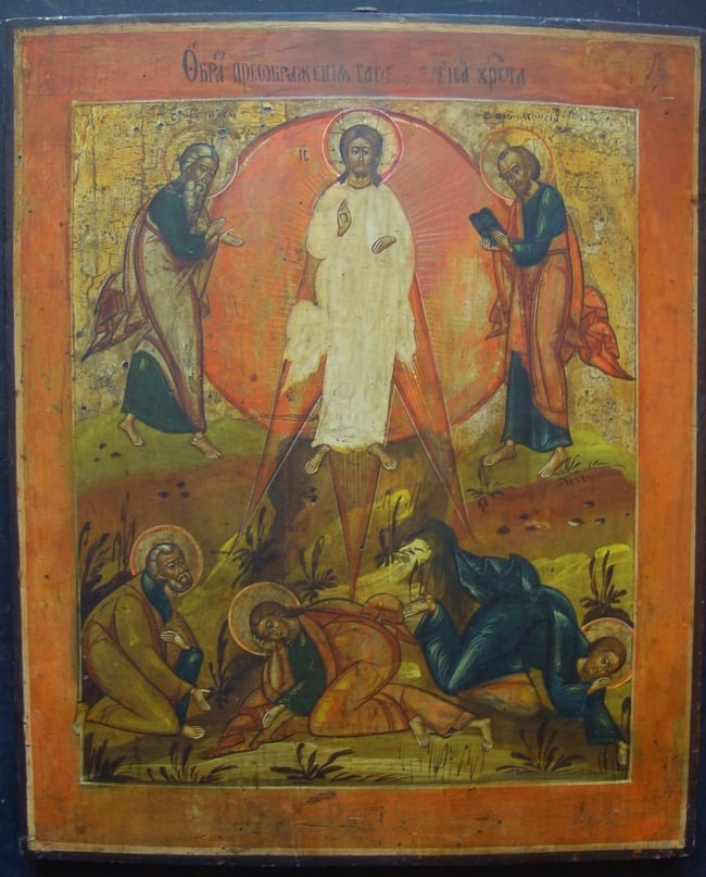 Transfiguration of Christ on mount Tabor: Description18th century, Russia, tempera on wooden board, size 35.5 cm x 31 cm. The Transfiguration of Jesus is an episode in the New Testament narrative in which Jesus is transfigured (or metamorphos