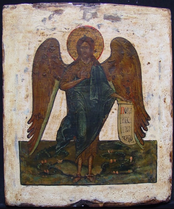 Saint John the Forerunner: DescriptionOrthodox Antique Icon, 17th century, tempera on wooden board, size 31 x 26 cm. Representations of St John the Forerunner as an angel derive from the passage from Isaiah, quoted at the begin