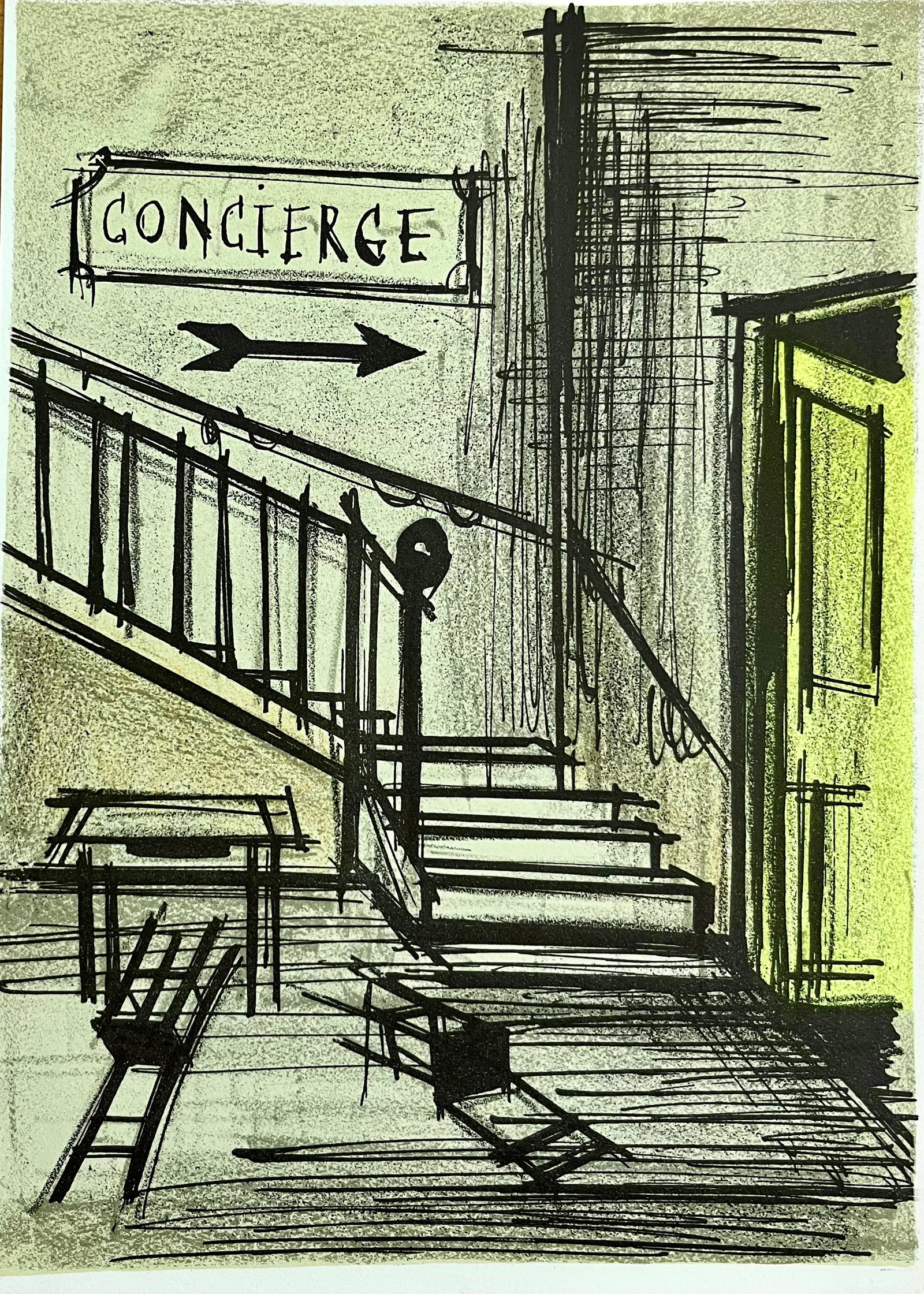Bernard Buffet Concierge Original Lithograph 1968: Artist: Bernard Buffet Country: France Title: Concierge Medium: Original Lithograph Marks: Not Signed, not numbered Printed: 1968 Atelier Descilee a Tournai, France Paper: Vellum 9 x 6.5 inch Provenan
