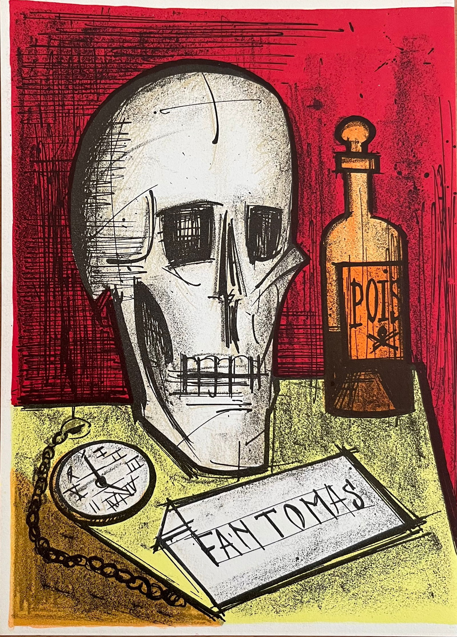 Bernard Buffet Original Lithograph Fantomas with Skull 1968: Artist: Bernard Buffet Country: France Title: Fantomas with Skull Medium: Original Lithograph Marks: Not Signed, not numbered Printed: 1968 Atelier Descilee a Tournai, France Paper: Vellum 9 x 6.5 inc