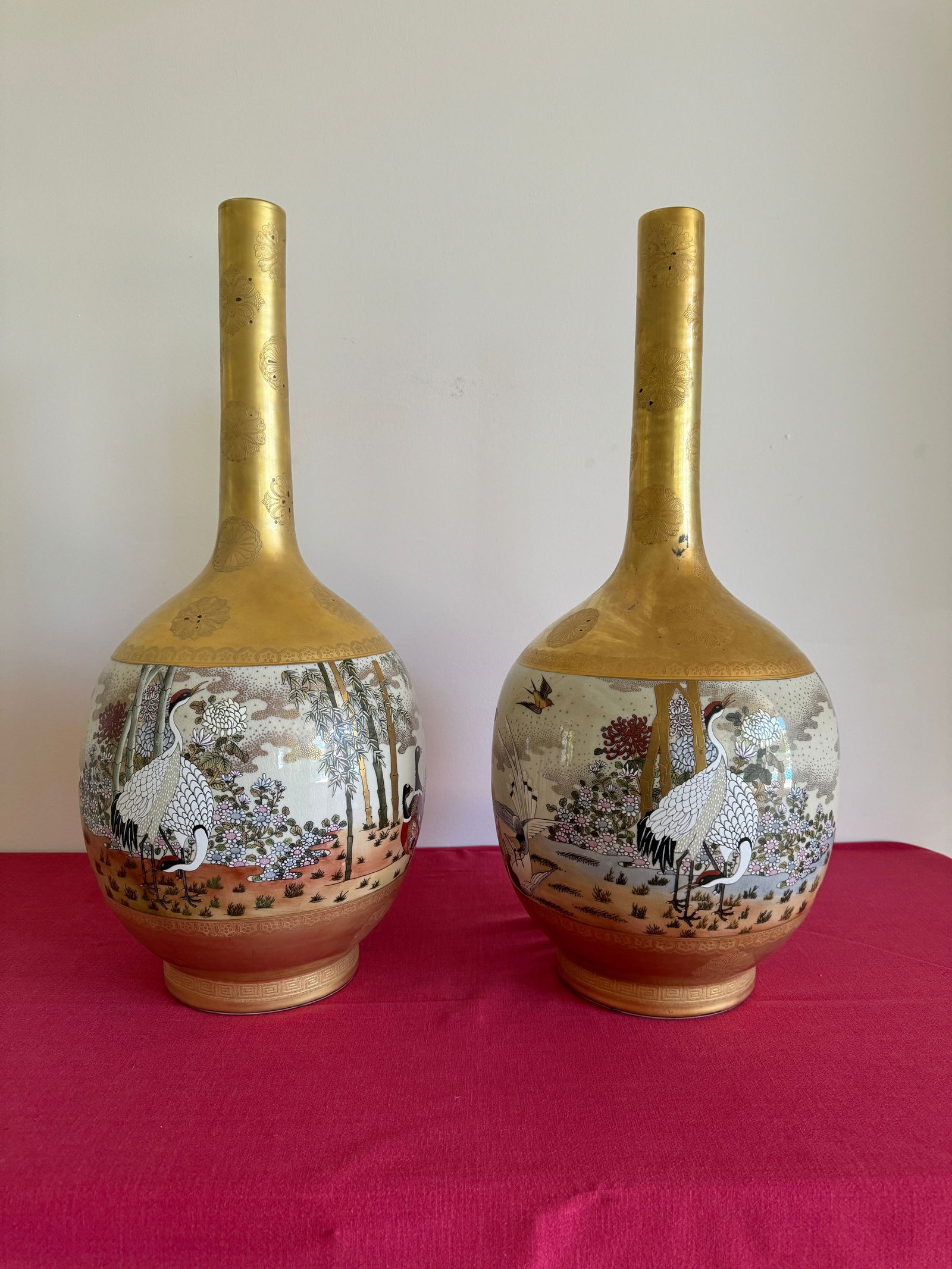 1990s Vintage Japanese Kutani Porcelain Tall Vases - Set of 2, Signed by Artist (1 of 19)